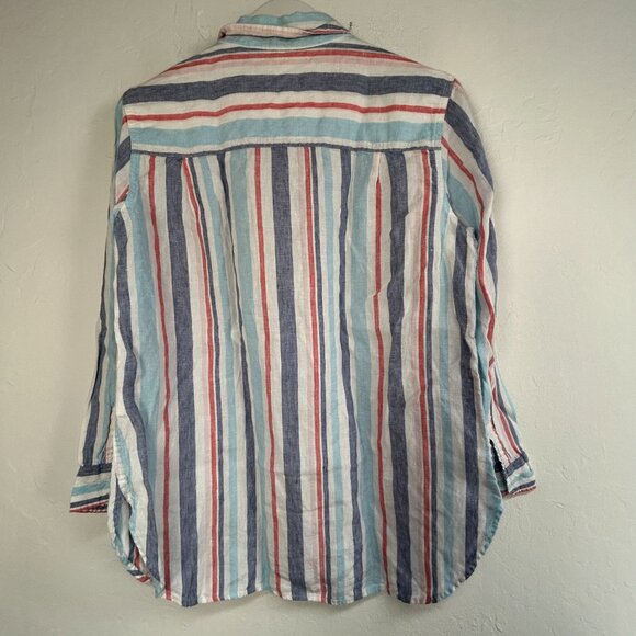 L.L.Bean Womens Striped Long-Sleeve Linen Button-Down Shirt Large Light Blue/Red - Picture 2 of 8